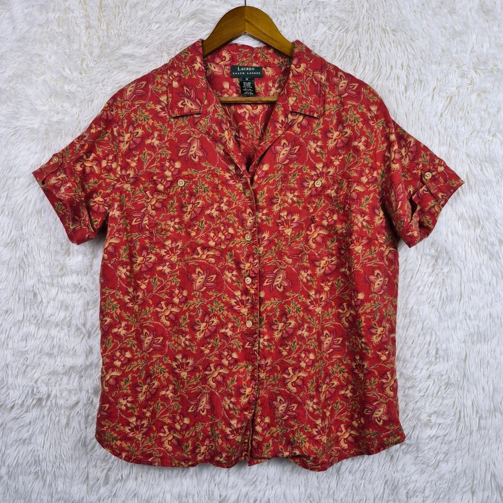 Lauren Ralph Lauren Red Floral Paisley 100% Linen Button Down Shirt Womens 1X
